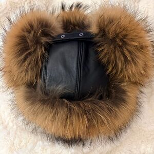 Black Leather Hat with Brown Fur Trim